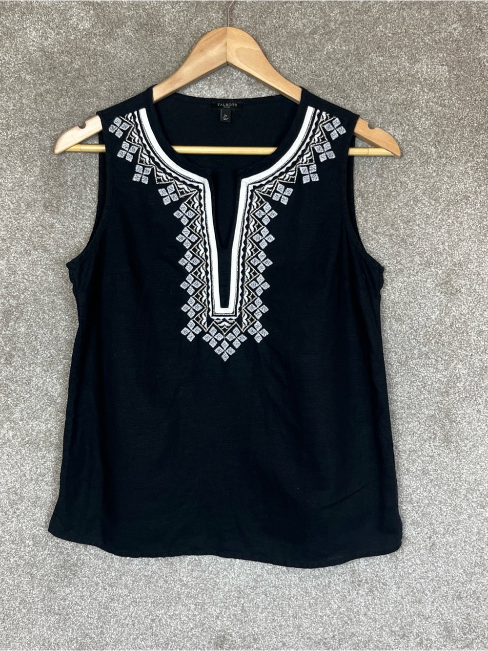 Talbots Tank Top Womens 2 Petite Black Linen Cotton Embroidered Pullover- 5242